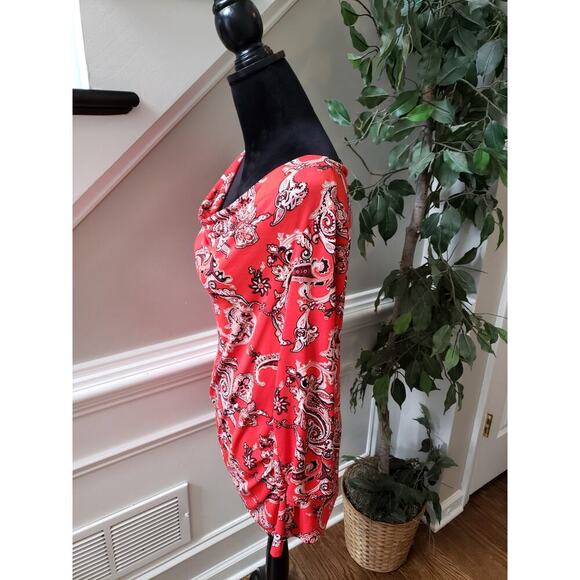 7th Avenue Blouse Women L Red Paisley Stretch Long Sleeve Ruched Cowl Neck Top - Picture 8 of 13